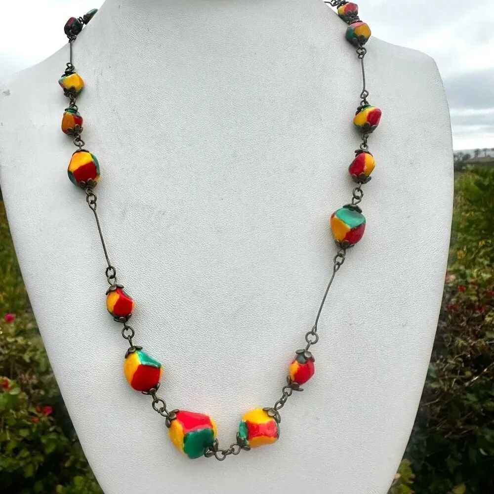 Red yellow and green hand painted vintage beaded necklace